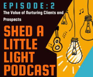 Square box with drawing of hanging light bulbs and text: Shed A Little Light Podcast-Episode 2