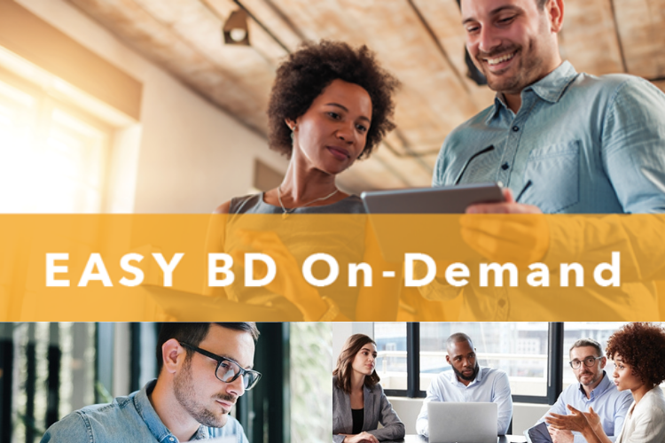 Image of a woman and a man talking and underneath them is a group of people sitting in a conference room with text in the center: Easy BD On Demand