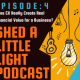 Square box with drawing of hanging light bulbs and text: Shed A Little Light Podcast-Episode 4
