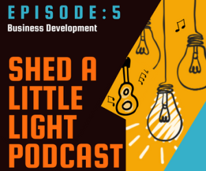 Image of three hanging light bulbs to the right with text to the left saying: Episode 5 Business Development, Shed A Little Light Podcast